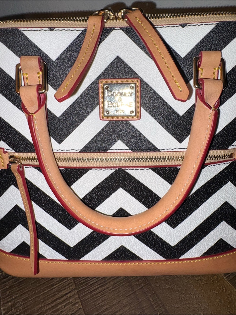 Dooney & Bourke Black and White Chevron Satchel with Tan Trim - Picture 9 of 12